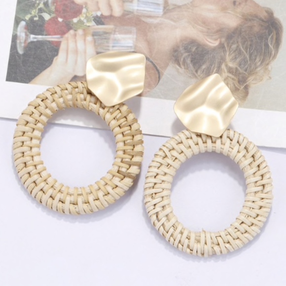 Jewelry - Rattan Woven Wicker Earrings with Gold Accent Stud